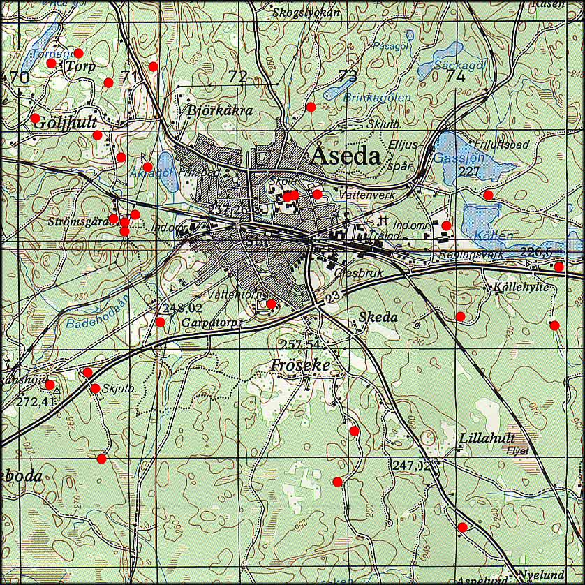 Klicka p de rda punkterna fr att se informationen om torpen.